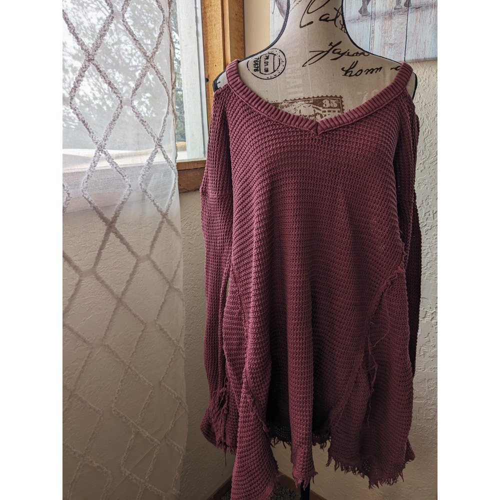 Free People Moonshine Cold Shoulder Waffle Knit V-Neck Sweater Mauve Purple L